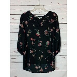 Pleione Anthropologie Women’s S Small Black Floral V Neck 3/4 Sleeves Top Blouse